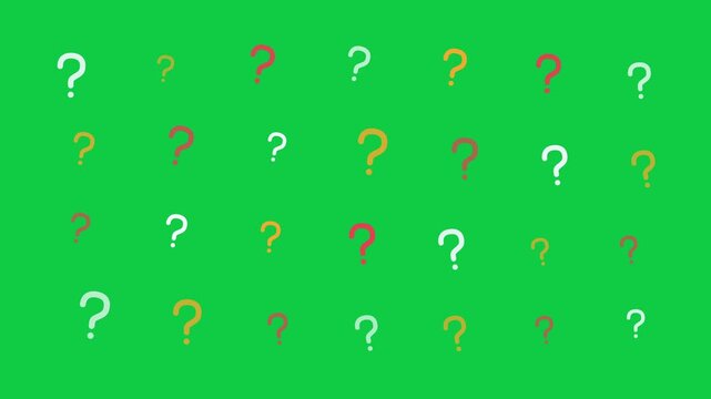 Animated looping colorful question marks grid pattern in wave motion on green screen