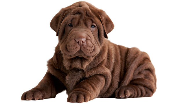 Chocolate brown Shar Pei puppy with wrinkled skin lying down