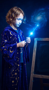 Young girl holding glowing magic wand in celestial setting, blue velvet robe with stars and moon, galaxy background, chalkboard nearby. Fantasy, imagination, childhood storytelling.