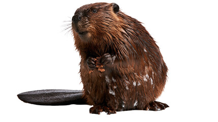 Brown North American beaver sitting and holding a piece of wood in its paws © Peregrine
