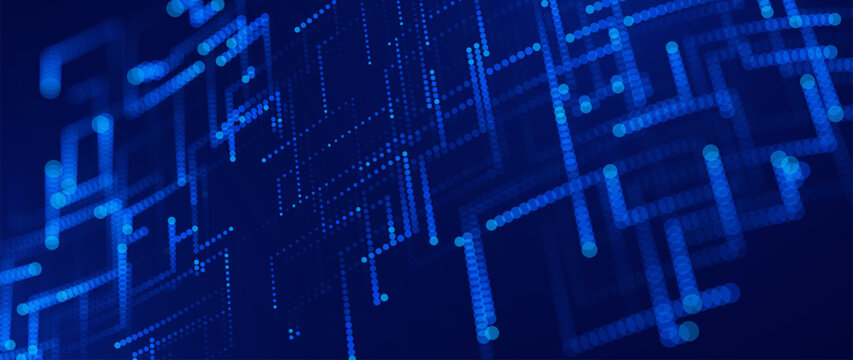 Digital Tech Abstract Circuit Background. Blue Glowing Pixel Circuit Dot Pattern. Data Lines for Tech Innovation, Science Research, Big Data Presentation. Vector Illustration