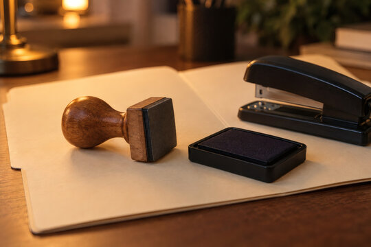 Wooden rubber stamp, ink pad and stapler resting on an open plain folder under warm evening desk lamp light