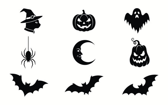 Black Halloween Silhouette Icon Set with Pumpkins Bats and Ghost