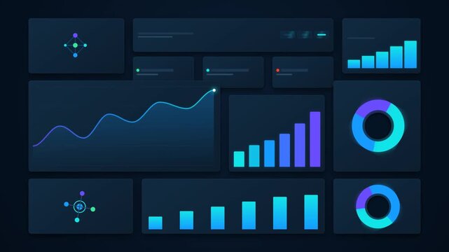 Premium 3D digital marketing analytics dashboard featuring animated performance line charts, rising bar graphs, circular data diagrams, glowing indicators and modern dark blue interface elements. Text