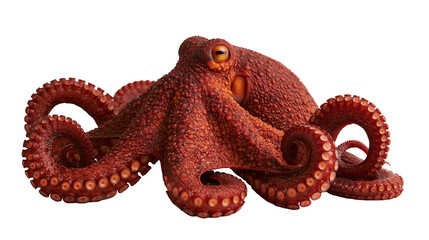 Red common octopus with textured skin and suction cups on curled tentacles © Peregrine