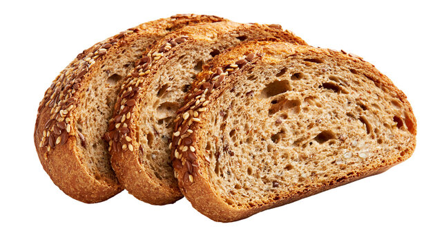 Three slices of rustic whole grain bread with flax and sesame seeds