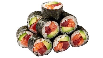 Stacked fresh sushi maki rolls with salmon tuna, and avocado wrapped in nori © Peregrine