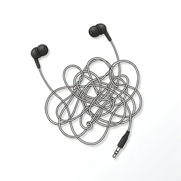 Black wired earphones with a messy tangled cable isolated on white background