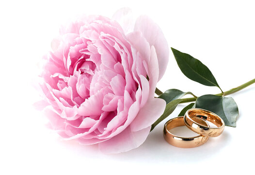 Elegant pink peony flower with gold wedding rings on white background