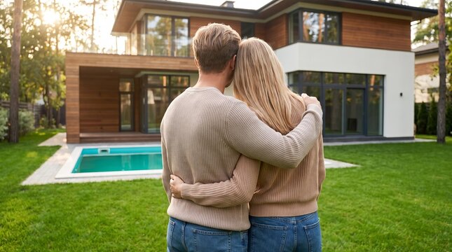 Happy couple embracing while standing rear view before their large modern house, celebrating homeownership, dream property purchase etc