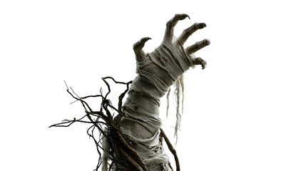 Bandaged mummy hand reaching up with tangled dark tree roots and sharp claws © Peregrine