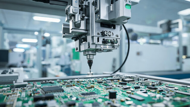 An automated robotic machine places electronic components onto a printed circuit board in a modern industrial electronics manufacturing facility.
