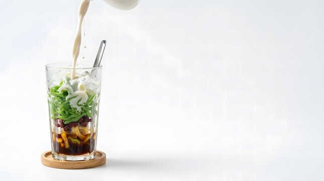 Coconut milk is poured into a glass of iced cendol layered with green rice flour jelly, palm sugar syrup, and red beans.