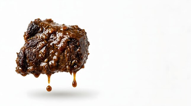 A chunk of slow cooked beef rendang glistens with rich spice sauce dripping against a white background.