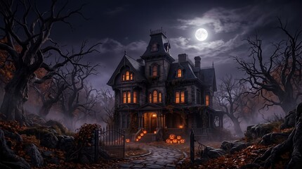 Fototapeta premium Haunted Victorian House at Night with Full Moon and Autumn Fog