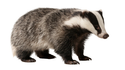 European badger with black and white striped face and grey fur standing profile © Peregrine