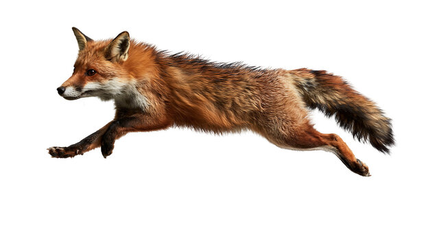 Red fox leaping in mid-air with fluffy fur and bushy tail