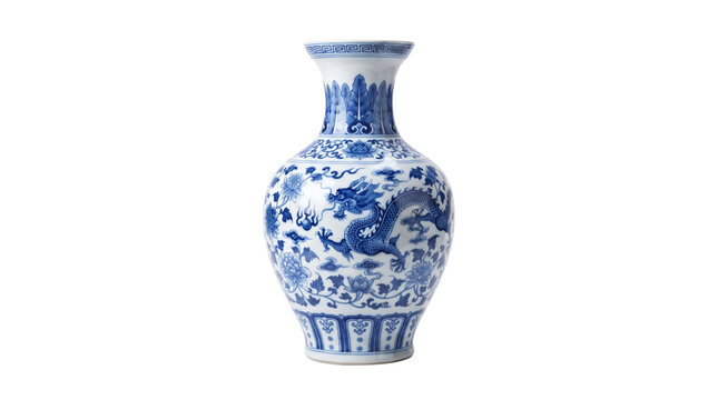 Antique Chinese porcelain vase with blue dragon pattern, traditional ceramic pottery vessel, elegant oriental home decor accessory isolated PNG with Transparent Background