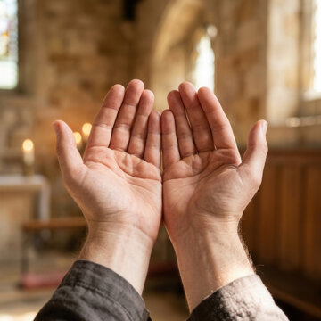 Hands Reaching Upward In Prayer Within A Serene Church Setting