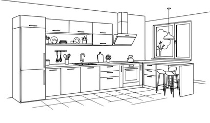 Fototapeta premium Title: Modern Functional Kitchen Interior Design Layout Black and White Line Art