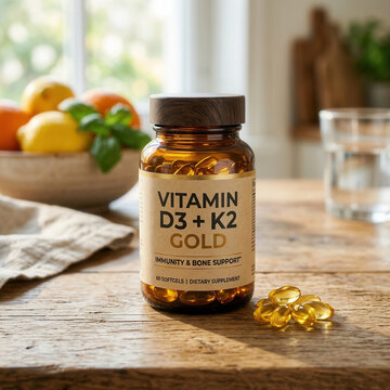 Health Supplement Bottle And Capsules On Rustic Table