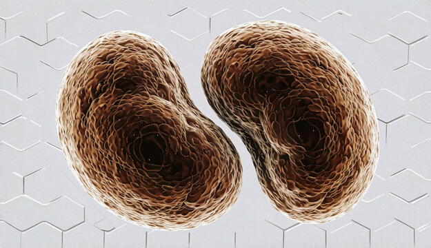 Two textured kidney-shaped objects rest on hexagonal surface