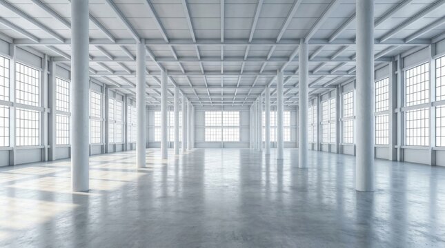 Vast Empty Industrial Warehouse Interior with Natural Light and Columns.
