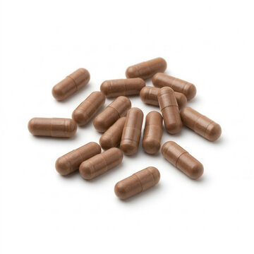 Health Supplements Pile Of Brown Capsules On White Background