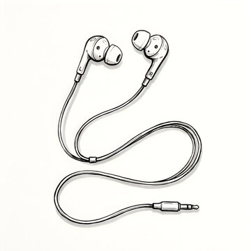 Hand drawn sketch of wired earphones with audio jack isolated on white background 