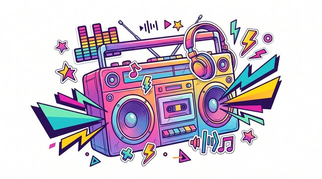 Retro Rainbow Boombox with Geometric Sound Waves and Music Elements Vector Illustration