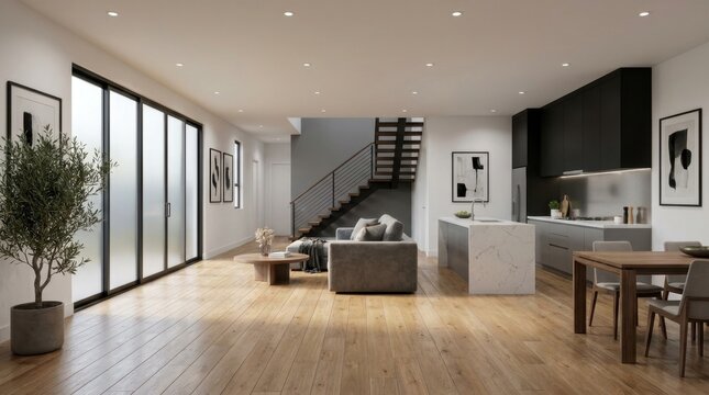 Modern open plan living area with kitchen and dining space.