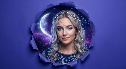 Fototapeta premium Portrait of woman with celestial face paint looking at camera through torn blue paper, moon and stars background, fantasy theme. Astrology, mysticism, magic, cosmic beauty.