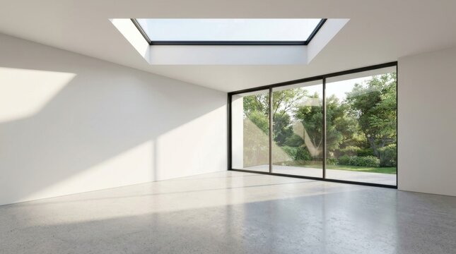 Modern spacious empty room with large windows and skylight natural light.