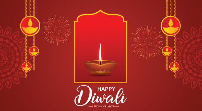 Happy Diwali festival greeting with glowing diya, elegant traditional festive celebration vector poster