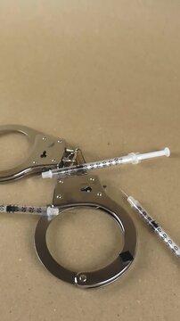 Metallic handcuffs and multiple syringes resting on a neutral background, representing the criminal consequences of drug addiction, substance abuse, trafficking, and illegal possession