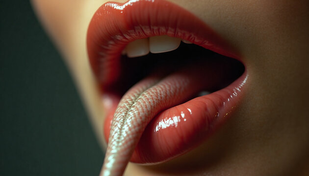 close up of female glossy lips sticking out a snake tongue. Toxic beauty concept