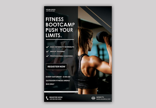 Editable Fitness Bootcamp Flyer Template for Gym and Group Training Promotion.