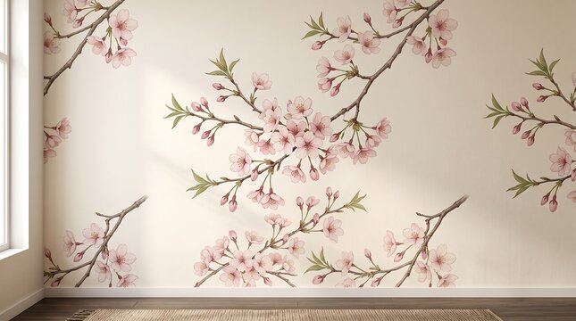 Elegant floral wall mural with pink blossoms and delicate branches in a bright interior