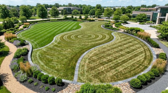 Abstract lawn art with concentric circles and parallel stripes in a modern landscaped setting.