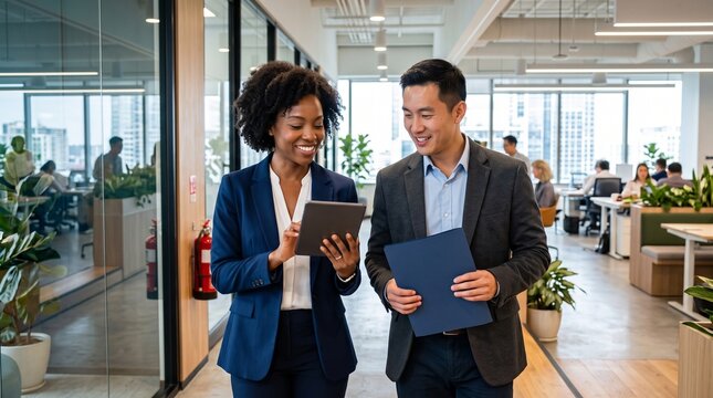 Diverse Business Colleagues Collaborating with Tablet in Modern Office