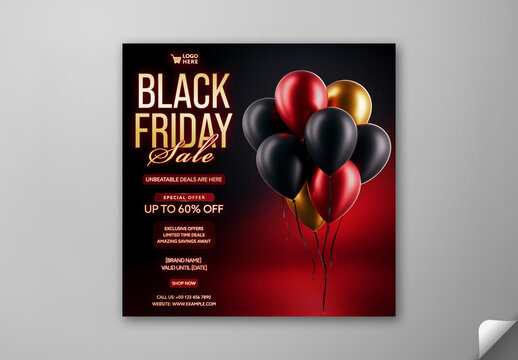 Editable Black Friday Sale Social Media Post with 60 Percent Off in Red and Dark Theme.