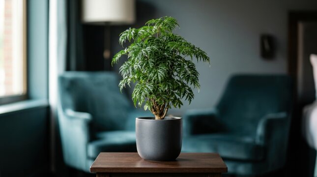 Aralia plant in black pot on wooden table in room.