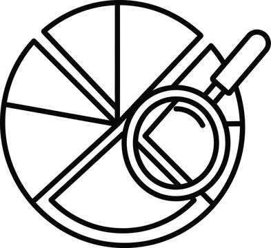 Minimalist line icon of a pie chart being examined with a magnifying glass.