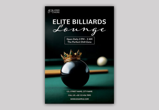 Editable Billiards Lounge Flyer Template for Pool Hall and Entertainment Promotion.
