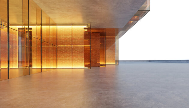 3d rendering Modern building exterior with glass walls and brick details