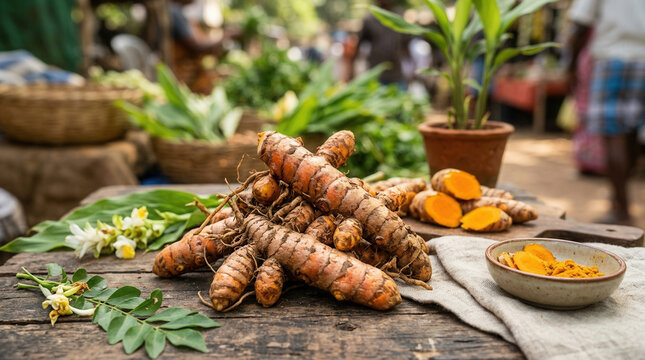 Fresh Turmeric Roots and Powder on Rustic Wooden Table