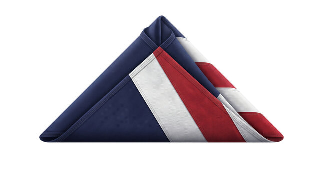 British union jack flag folded into a sharp triangular shape on a clean white background featuring iconic red white and blue fabric texture representing national pride and deep patriotic respect
