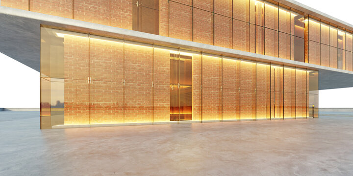 3d rendering Modern building exterior showcasing brick and glass facade