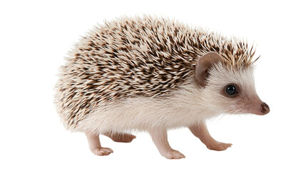 Small African pygmy hedgehog with brown and white spiky quills standing © Peregrine