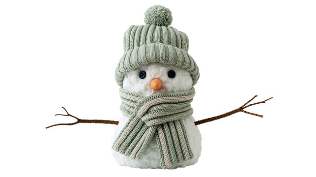 Plush snowman toy wearing a sage green knitted beanie hat and matching scarf